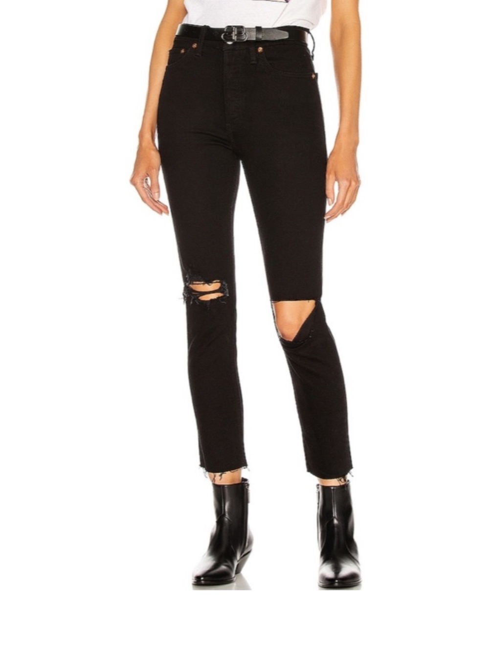 RE/DONE 90s High Rise Ankle Crop Ripped Black Distressed Skinny Jean Size 24